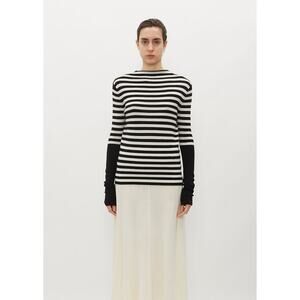 MARIA MCMANUS Mock Neck Merino Wool Black White Stripe Sweater Sz S